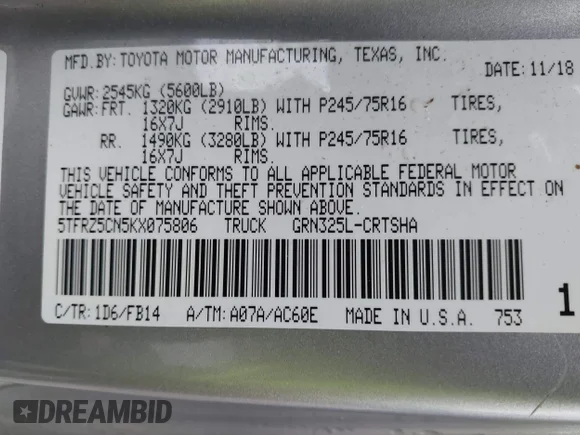 ✅ 2019 Toyota Tacoma SR • VIN: 5TFRZ5CN5KX075806 • Lot: 44048928. Wystawiony na IAAI z przebiegiem 113 756 mil. Bezpłatny archiwum sprzedaży aukcyjnych z USA i szczegółowy raport historii pojazdu na DreamBid. Zdjęcie 9.