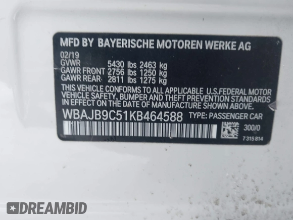 ✅ 2019 BMW 5 Series M550i xDrive • VIN: WBAJB9C51KB464588 • Lot: 44177335. Wystawiony na IAAI z przebiegiem 87 398 mil. Bezpłatny archiwum sprzedaży aukcyjnych z USA i szczegółowy raport historii pojazdu na DreamBid. Zdjęcie 9.