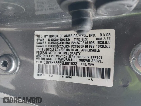 ✅ 2005 Honda Element EX • VIN: 5J6YH28655L001533 • Лот: 42311461. Опубліковано раніше на IAAI з пробігом 150 416 миль. Безкоштовний доступ до архіву аукціонних продажів зі США та докладний звіт про історію автомобіля на DreamBid. Зображення 9.