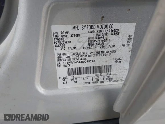 ✅ 2004 Ford F-150 XLT • VIN: 1FTPW14544KC99270 • Lot: 45361717. Listed on IAAI with 382,833 mi. Free auction sales archive from the USA and detailed vehicle history report at DreamBid. Image 9.