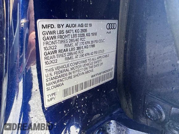 ✅ 2019 Audi Q8 Prestige • VIN: WA1FVAF18KD029107 • Lot: 45216223. Wystawiony na IAAI z przebiegiem 140 796 mil. Bezpłatny archiwum sprzedaży aukcyjnych z USA i szczegółowy raport historii pojazdu na DreamBid. Zdjęcie 9.