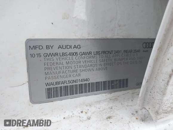 ✅ 2016 Audi A4 Premium • VIN: WAUBFAFL5GN014940 • Lot: 44125807. Wystawiony na IAAI z przebiegiem 74 157 mil. Bezpłatny archiwum sprzedaży aukcyjnych z USA i szczegółowy raport historii pojazdu na DreamBid. Zdjęcie 9.