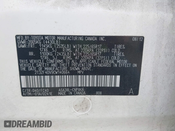 ✅ 2012 Toyota RAV4 • VIN: 2T3ZF4DV9CW140664 • Лот: 44484319. Опубликован ранее на IAAI с пробегом 167 960 миль. Бесплатный доступ к архиву аукционных продаж из США и подробный отчёт об истории автомобиля на DreamBid. Изображение 9.