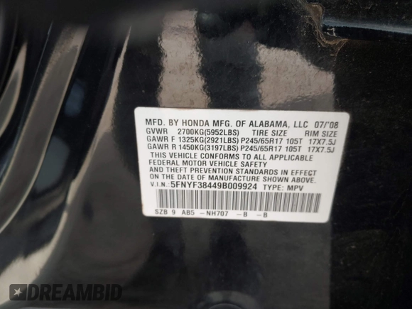 ✅ 2009 Honda Pilot EX • VIN: 5FNYF38449B009924 • Lot: 43977099. Wystawiony na IAAI z przebiegiem 201 778 mil. Bezpłatny archiwum sprzedaży aukcyjnych z USA i szczegółowy raport historii pojazdu na DreamBid. Zdjęcie 9.