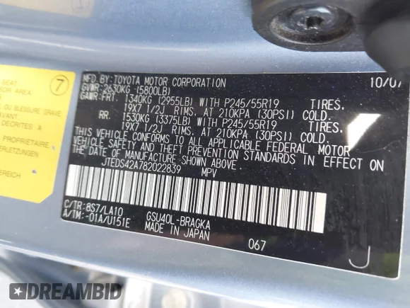 ✅ 2008 Toyota Highlander Limited • VIN: JTEDS42A782022839 • Lot: 44945125. Wystawiony na IAAI z przebiegiem 261 856 mil. Bezpłatny archiwum sprzedaży aukcyjnych z USA i szczegółowy raport historii pojazdu na DreamBid. Zdjęcie 9.