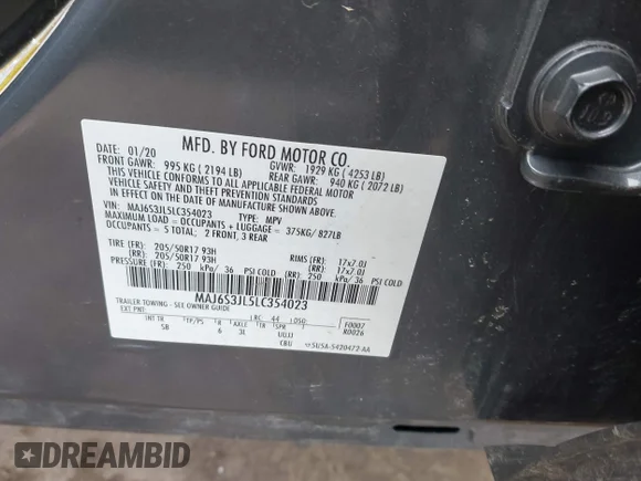 ✅ 2020 Ford EcoSport SES • VIN: MAJ6S3JL5LC354023 • Lot: 41594458. Wystawiony na IAAI z przebiegiem 53 054 mil. Bezpłatny archiwum sprzedaży aukcyjnych z USA i szczegółowy raport historii pojazdu na DreamBid. Zdjęcie 9.
