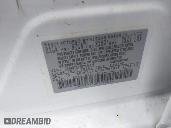 ✅ 2019 Nissan Sentra SV • VIN: 3N1AB7AP2KY424116 • Lot: 44986997. Listed on IAAI with 50,896 mi. Free auction sales archive from the USA and detailed vehicle history report at DreamBid. Image 9.