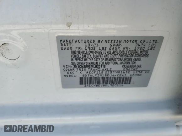 ✅ 2021 Nissan Versa SV • VIN: 3N1CN8EV8ML920116 • Lot: 70533854. Wystawiony na Copart z przebiegiem 76 387 mil. Bezpłatny archiwum sprzedaży aukcyjnych z USA i szczegółowy raport historii pojazdu na DreamBid. Zdjęcie 13.