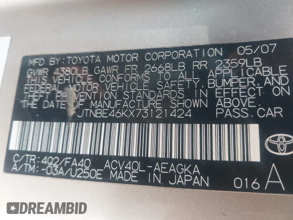 ✅ 2007 Toyota Camry CE • VIN: JTNBE46KX73121424 • Лот: 45084417. Опубліковано раніше на IAAI з пробігом Не вказано. Безкоштовний доступ до архіву аукціонних продажів зі США та докладний звіт про історію автомобіля на DreamBid. Зображення 9.