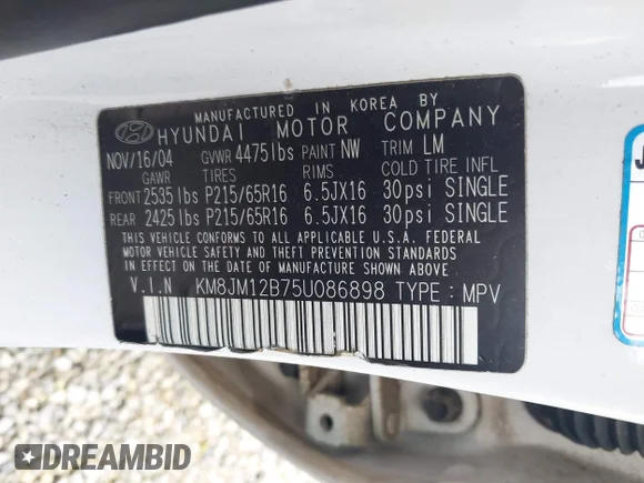 ✅ 2005 Hyundai Tucson GL • VIN: KM8JM12B75U086898 • Лот: 42556620. Опубликован ранее на IAAI с пробегом 133 025 миль. Бесплатный доступ к архиву аукционных продаж из США и подробный отчёт об истории автомобиля на DreamBid. Изображение 9.