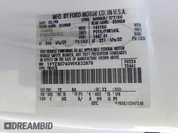 ✅ 1998 Ford F-150 XL • VIN: 1FTZX0760WKB32878 • Лот: 43795295. Опубликован ранее на IAAI с пробегом 137 308 миль. Бесплатный доступ к архиву аукционных продаж из США и подробный отчёт об истории автомобиля на DreamBid. Изображение 9.