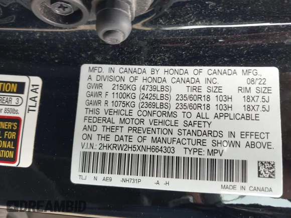 ✅ 2022 Honda CR-V EX • VIN: 2HKRW2H5XNH664303 • Лот: 45259431. Опубліковано раніше на IAAI з пробігом 65 660 миль. Безкоштовний доступ до архіву аукціонних продажів зі США та докладний звіт про історію автомобіля на DreamBid. Зображення 9.