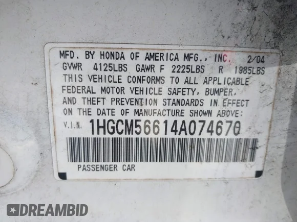 ✅ 2004 Honda Accord EX • VIN: 1HGCM56614A074670 • Lot: 42289591. Wystawiony na IAAI z przebiegiem 209 651 mil. Bezpłatny archiwum sprzedaży aukcyjnych z USA i szczegółowy raport historii pojazdu na DreamBid. Zdjęcie 9.