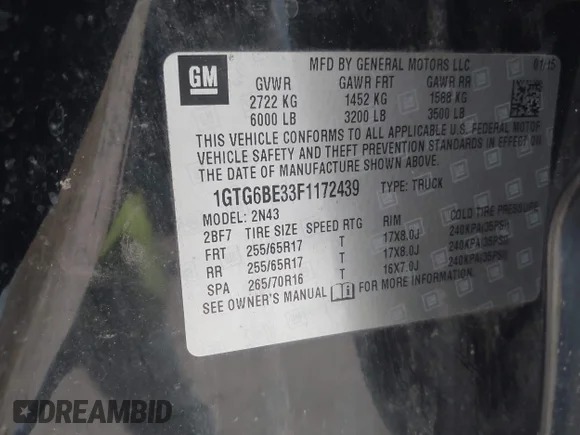 ✅ 2015 GMC Canyon 4WD SLE • VIN: 1GTG6BE33F1172439 • Лот: 43297418. Опубликован ранее на IAAI с пробегом 116 231 миль. Бесплатный доступ к архиву аукционных продаж из США и подробный отчёт об истории автомобиля на DreamBid. Изображение 9.