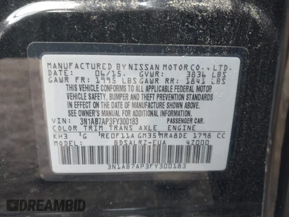 ✅ 2015 Nissan Sentra S • VIN: 3N1AB7AP3FY300183 • Лот: 42943768. Опубликован ранее на IAAI с пробегом 90 800 миль. Бесплатный доступ к архиву аукционных продаж из США и подробный отчёт об истории автомобиля на DreamBid. Изображение 9.