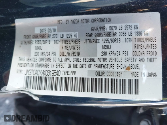 ✅ 2019 Mazda CX-9 Touring • VIN: JM3TCACYXK0319640 • Lot: 43886048. Wystawiony na IAAI z przebiegiem 62 024 mil. Bezpłatny archiwum sprzedaży aukcyjnych z USA i szczegółowy raport historii pojazdu na DreamBid. Zdjęcie 9.