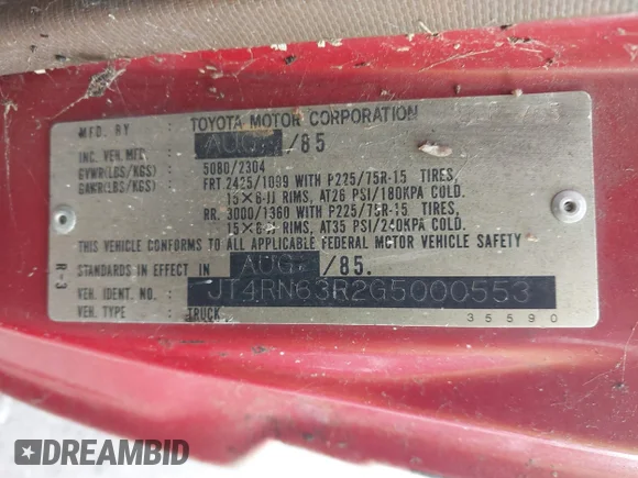 ✅ 1986 Toyota Pickup • VIN: JT4RN63R2G5000553 • Лот: 43316397. Опубліковано раніше на IAAI з пробігом 190 594 миль. Безкоштовний доступ до архіву аукціонних продажів зі США та докладний звіт про історію автомобіля на DreamBid. Зображення 9.
