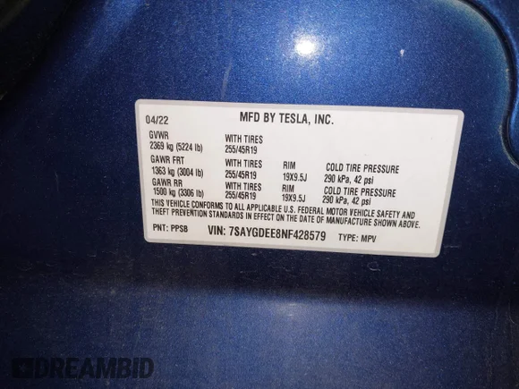 ✅ 2022 Tesla Model Y Long Range • VIN: 7SAYGDEE8NF428579 • Lot: 45277564. Wystawiony na IAAI z przebiegiem 49 677 mil. Bezpłatny archiwum sprzedaży aukcyjnych z USA i szczegółowy raport historii pojazdu na DreamBid. Zdjęcie 9.