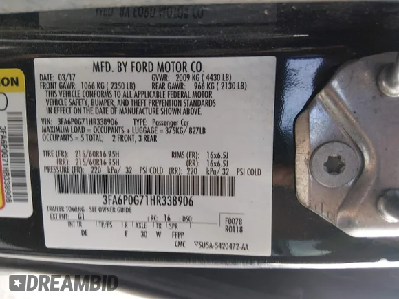 ✅ 2017 Ford Fusion S • VIN: 3FA6P0G71HR338906 • Lot: 45415332. Listed on IAAI with 143,930 mi. Free auction sales archive from the USA and detailed vehicle history report at DreamBid. Image 9.