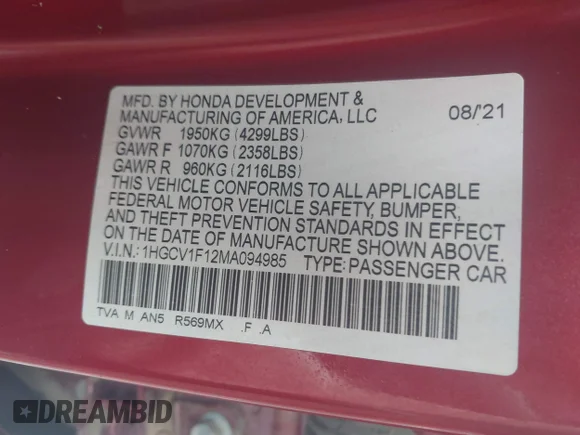 ✅ 2021 Honda Accord LX • VIN: 1HGCV1F12MA094985 • Lot: 44409466. Wystawiony na IAAI z przebiegiem 70 233 mil. Bezpłatny archiwum sprzedaży aukcyjnych z USA i szczegółowy raport historii pojazdu na DreamBid. Zdjęcie 9.