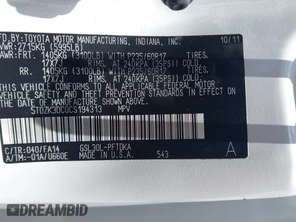 ✅ 2012 Toyota Sienna • VIN: 5TDZK3DC0CS194313 • Lot: 45336646. Wystawiony na IAAI z przebiegiem 379 926 mil. Bezpłatny archiwum sprzedaży aukcyjnych z USA i szczegółowy raport historii pojazdu na DreamBid. Zdjęcie 9.