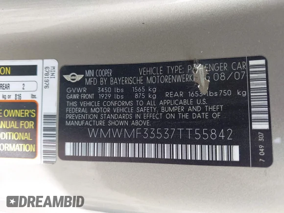 ✅ 2007 MINI Hardtop • VIN: WMWMF33537TT55842 • Лот: 43227575. Опубликован ранее на IAAI с пробегом 74 791 миль. Бесплатный доступ к архиву аукционных продаж из США и подробный отчёт об истории автомобиля на DreamBid. Изображение 9.