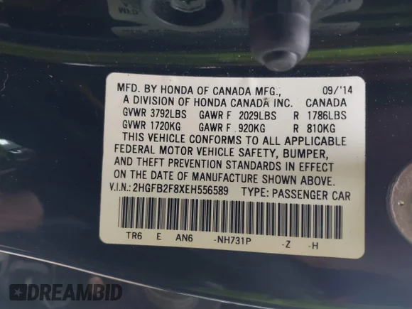 ✅ 2014 Honda Civic EX • VIN: 2HGFB2F8XEH556589 • Лот: 44107127. Опубликован ранее на IAAI с пробегом 130 898 миль. Бесплатный доступ к архиву аукционных продаж из США и подробный отчёт об истории автомобиля на DreamBid. Изображение 9.