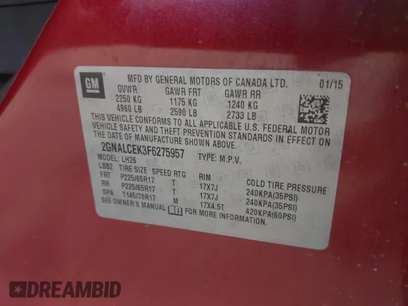 ✅ 2015 Chevrolet Equinox LT • VIN: 2GNALCEK3F6275957 • Lot: 45542695. Listed on IAAI with 77,168 mi. Free auction sales archive from the USA and detailed vehicle history report at DreamBid. Image 9.