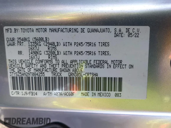 ✅ 2022 Toyota Tacoma SR5 • VIN: 3TYSZ5AN2NT084255 • Lot: 44024785. Wystawiony na IAAI z przebiegiem 69 036 mil. Bezpłatny archiwum sprzedaży aukcyjnych z USA i szczegółowy raport historii pojazdu na DreamBid. Zdjęcie 9.
