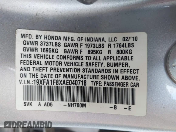 ✅ 2010 Honda Civic EX • VIN: 19XFA1F8XAE040718 • Lot: 45193769. Wystawiony na IAAI z przebiegiem 95 151 mil. Bezpłatny archiwum sprzedaży aukcyjnych z USA i szczegółowy raport historii pojazdu na DreamBid. Zdjęcie 9.