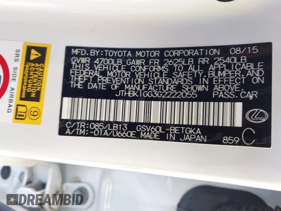 ✅ 2016 Lexus ES 330 • VIN: JTHBK1GG3G2222055 • Lot: 44144884. Listed on IAAI with 68,200 mi. Free auction sales archive from the USA and detailed vehicle history report at DreamBid. Image 9.