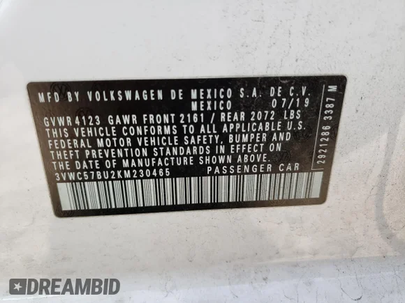 ✅ 2019 Volkswagen Jetta S • VIN: 3VWC57BU2KM230465 • Lot: 68034392. Wystawiony na Copart z przebiegiem 13 075 mil. Bezpłatny archiwum sprzedaży aukcyjnych z USA i szczegółowy raport historii pojazdu na DreamBid. Zdjęcie 12.