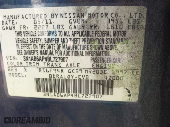 ✅ 2011 Nissan Sentra S • VIN: 3N1AB6AP4BL727907 • Lot: 44425025. Wystawiony na IAAI z przebiegiem 184 924 mil. Bezpłatny archiwum sprzedaży aukcyjnych z USA i szczegółowy raport historii pojazdu na DreamBid. Zdjęcie 9.