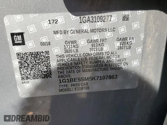 ✅ 2019 Chevrolet Cruze LT • VIN: 1G1BE5SM5K7107863 • Lot: 46722223. Wystawiony na Copart z przebiegiem 63 136 mil. Bezpłatny archiwum sprzedaży aukcyjnych z USA i szczegółowy raport historii pojazdu na DreamBid. Zdjęcie 12.