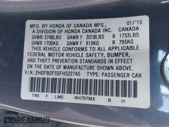 ✅ 2015 Honda Civic LX • VIN: 2HGFB2F55FH522745 • Lot: 44495458. Wystawiony na IAAI z przebiegiem Nie podano. Bezpłatny archiwum sprzedaży aukcyjnych z USA i szczegółowy raport historii pojazdu na DreamBid. Zdjęcie 9.