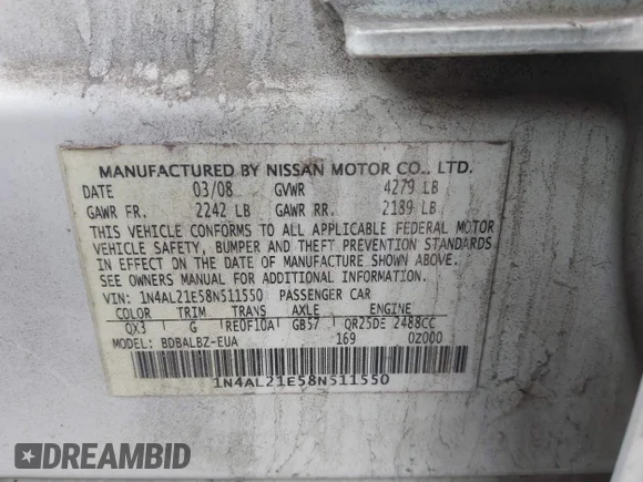 ✅ 2008 Nissan Altima S • VIN: 1N4AL21E58N511550 • Lot: 44211866. Wystawiony na IAAI z przebiegiem 228 763 mil. Bezpłatny archiwum sprzedaży aukcyjnych z USA i szczegółowy raport historii pojazdu na DreamBid. Zdjęcie 9.