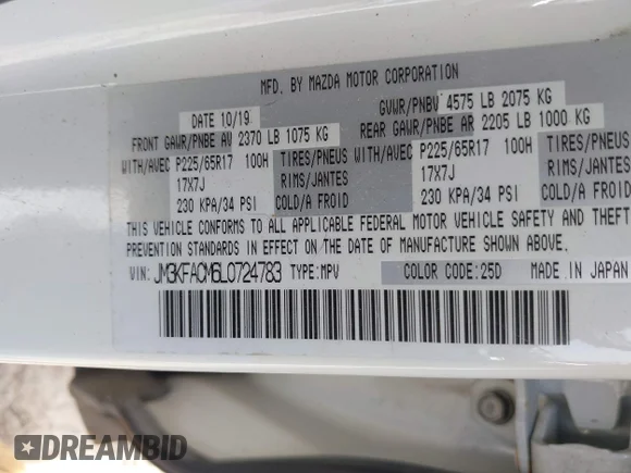 ✅ 2020 Mazda CX-5 Touring • VIN: JM3KFACM6L0724783 • Lot: 45007539. Listed on IAAI with 120,874 mi. Free auction sales archive from the USA and detailed vehicle history report at DreamBid. Image 9.