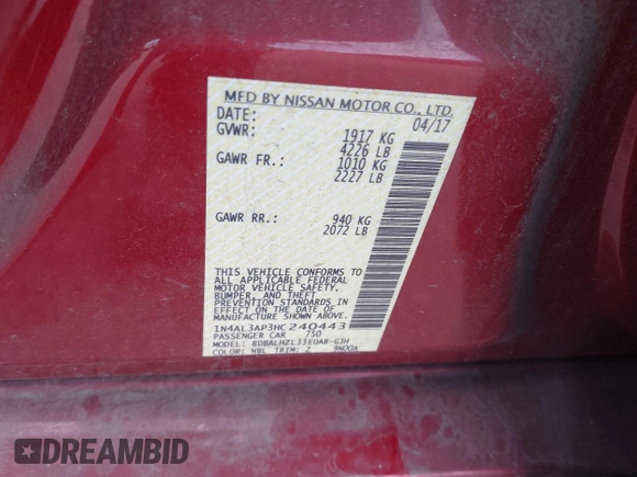 ✅ 2017 Nissan Altima SR • VIN: 1N4AL3AP3HC240443 • Lot: 44132051. Wystawiony na IAAI z przebiegiem 65 358 mil. Bezpłatny archiwum sprzedaży aukcyjnych z USA i szczegółowy raport historii pojazdu na DreamBid. Zdjęcie 9.