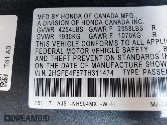 ✅ 2026 Honda Civic Sport • VIN: 2HGFE4F87TH311474 • Lot: 44067918. Wystawiony na IAAI z przebiegiem 293 mil. Bezpłatny archiwum sprzedaży aukcyjnych z USA i szczegółowy raport historii pojazdu na DreamBid. Zdjęcie 9.