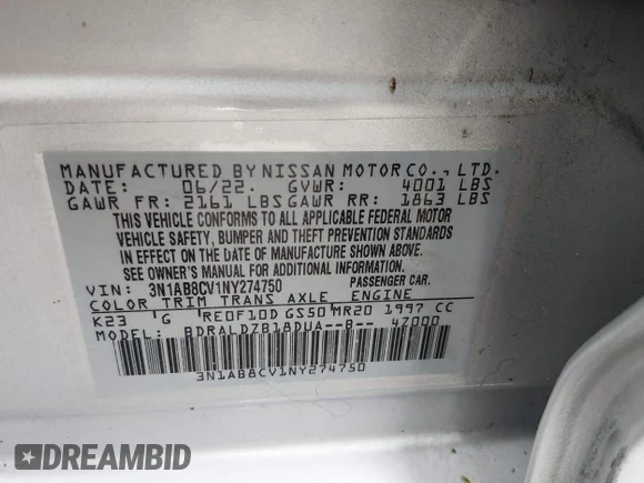 ✅ 2022 Nissan Sentra SV • VIN: 3N1AB8CV1NY274750 • Лот: 45272487. Опубликован ранее на IAAI с пробегом 37 125 миль. Бесплатный доступ к архиву аукционных продаж из США и подробный отчёт об истории автомобиля на DreamBid. Изображение 9.
