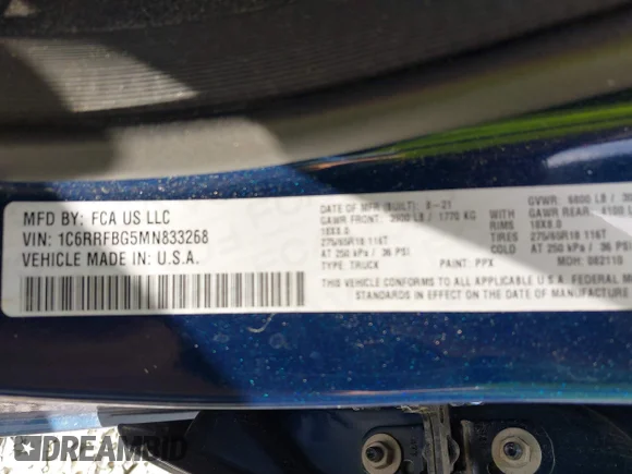 ✅ 2021 Ram 1500 Big Horn • VIN: 1C6RRFBG5MN833268 • Lot: 43103673. Wystawiony na IAAI z przebiegiem 42 223 mil. Bezpłatny archiwum sprzedaży aukcyjnych z USA i szczegółowy raport historii pojazdu na DreamBid. Zdjęcie 9.