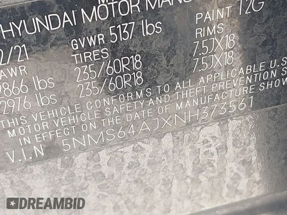 ✅ 2022 Hyundai Santa Fe XRT • VIN: 5NMS64AJXNH373561 • Lot: 45082615. Wystawiony na IAAI z przebiegiem 84 748 mil. Bezpłatny archiwum sprzedaży aukcyjnych z USA i szczegółowy raport historii pojazdu na DreamBid. Zdjęcie 9.