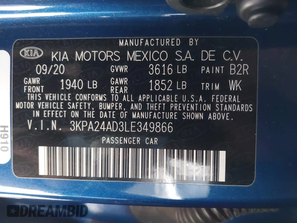 ✅ 2020 Kia Rio S • VIN: 3KPA24AD3LE349866 • Lot: 44970268. Listed on IAAI with 81,728 mi. Free auction sales archive from the USA and detailed vehicle history report at DreamBid. Image 9.