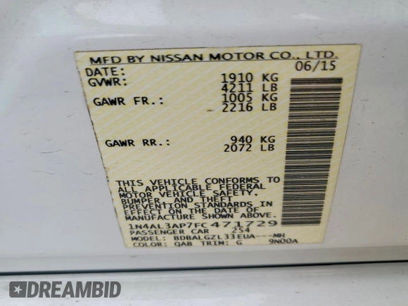 ✅ 2015 Nissan Altima S • VIN: 1N4AL3AP7FC471729 • Lot: 45550836. Wystawiony na Copart z przebiegiem 152 385 mil. Bezpłatny archiwum sprzedaży aukcyjnych z USA i szczegółowy raport historii pojazdu na DreamBid. Zdjęcie 12.