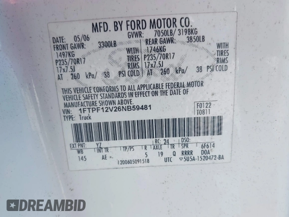 ✅ 2006 Ford F-150 XL • VIN: 1FTPF12V26NB59481 • Lot: 44493312. Wystawiony na IAAI z przebiegiem Nie podano. Bezpłatny archiwum sprzedaży aukcyjnych z USA i szczegółowy raport historii pojazdu na DreamBid. Zdjęcie 9.
