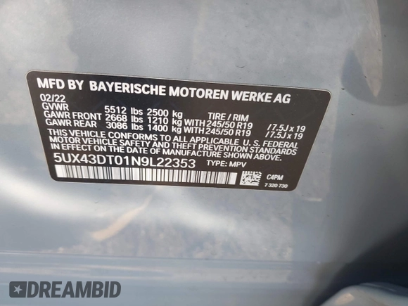 ✅ 2022 BMW X4 M40i • VIN: 5UX43DT01N9L22353 • Lot: 43754237. Wystawiony na IAAI z przebiegiem 60 192 mil. Bezpłatny archiwum sprzedaży aukcyjnych z USA i szczegółowy raport historii pojazdu na DreamBid. Zdjęcie 9.