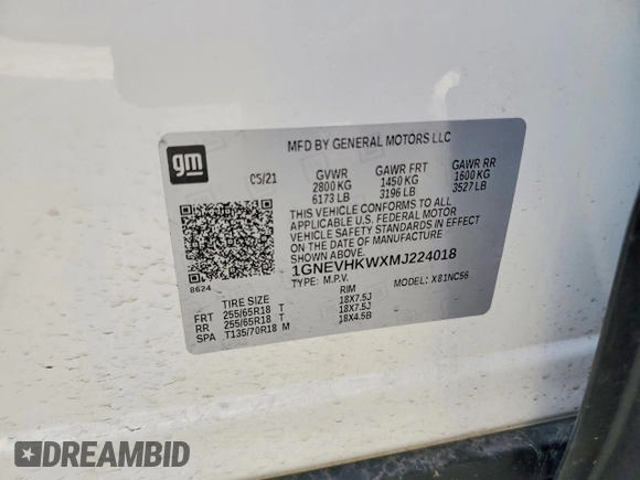 ✅ 2021 Chevrolet Traverse LT • VIN: 1GNEVHKWXMJ224018 • Lot: 79298855. Wystawiony na Copart z przebiegiem 143 112 mil. Bezpłatny archiwum sprzedaży aukcyjnych z USA i szczegółowy raport historii pojazdu na DreamBid. Zdjęcie 13.