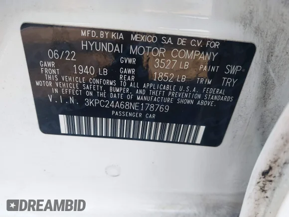 ✅ 2022 Hyundai Accent SE • VIN: 3KPC24A68NE178769 • Lot: 44689102. Wystawiony na IAAI z przebiegiem 63 288 mil. Bezpłatny archiwum sprzedaży aukcyjnych z USA i szczegółowy raport historii pojazdu na DreamBid. Zdjęcie 9.