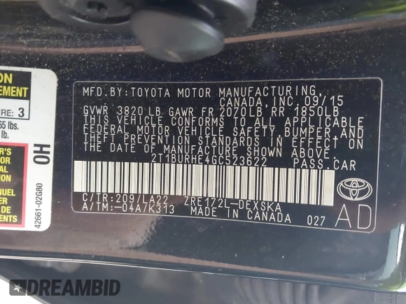 ✅ 2016 Toyota Corolla LE • VIN: 2T1BURHE4GC523622 • Лот: 43307133. Опубликован ранее на IAAI с пробегом 194 088 миль. Бесплатный доступ к архиву аукционных продаж из США и подробный отчёт об истории автомобиля на DreamBid. Изображение 9.
