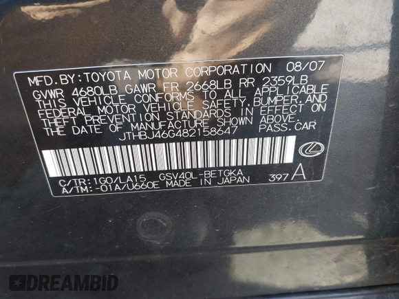 ✅ 2008 Lexus ES 330 • VIN: JTHBJ46G482158647 • Lot: 45023743. Wystawiony na IAAI z przebiegiem 167 519 mil. Bezpłatny archiwum sprzedaży aukcyjnych z USA i szczegółowy raport historii pojazdu na DreamBid. Zdjęcie 9.